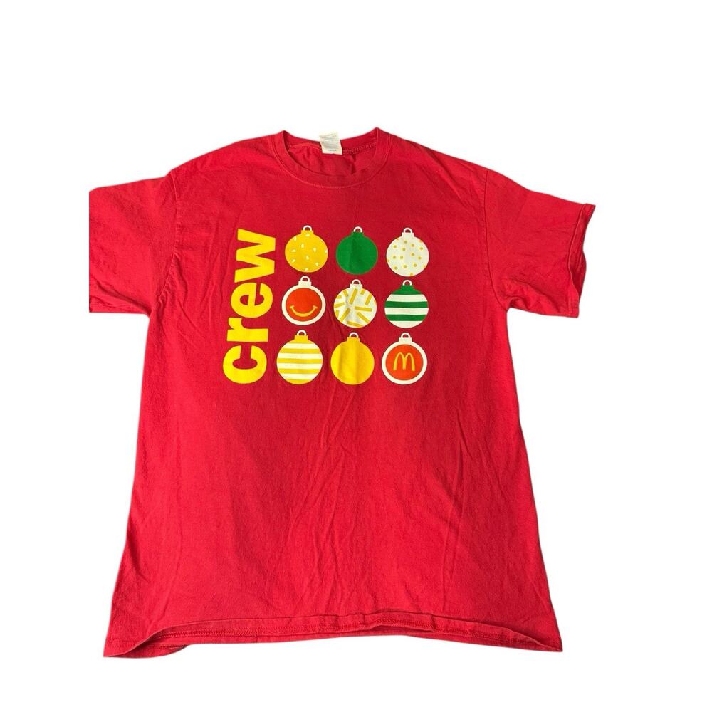 Large McDonald's Christmas Crew Uniform T-shirt Red Ornaments Holiday Fast Food